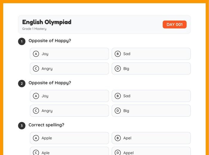 Sample English Olympiad worksheet, Day 001, Grade 1 — opposite words and spelling multiple-choice questions