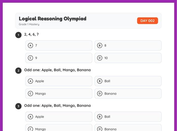 Sample Logical Reasoning Olympiad worksheet, Day 002, Grade 1 — number patterns and odd-one-out multiple-choice questions